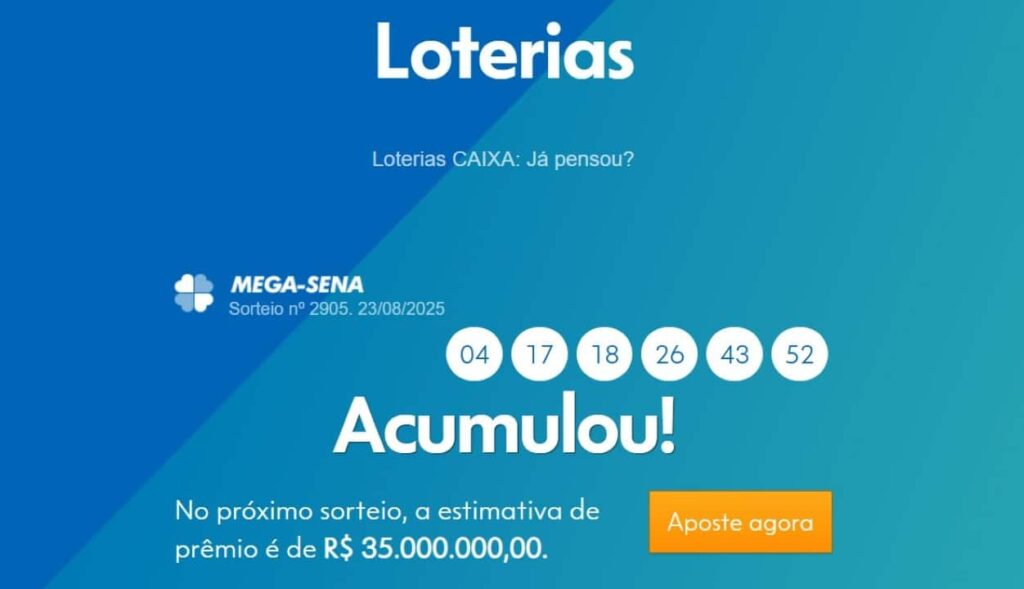 Resultado da Mega-Sena de hoje acumula e prêmio sobe para R$ 35 milhões; veja os números sorteados do concurso 2905