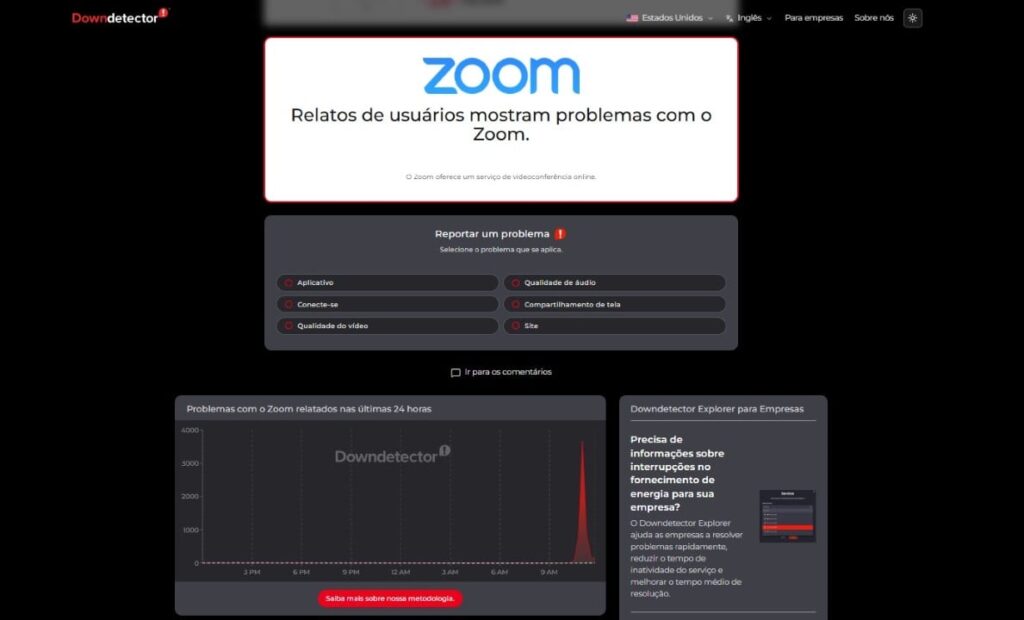 Zoom fora do ar -downdetector