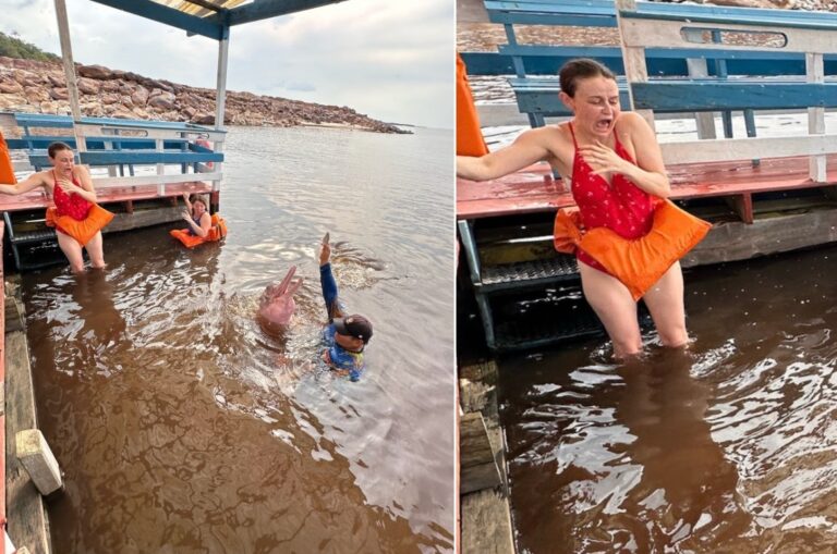Adeline Tedesco, turista dos EUA, viralizou com reação de pânico ao entrar em rio da Amazônia com botos-cor-de-rosa — Foto: Reprodução/TikTok