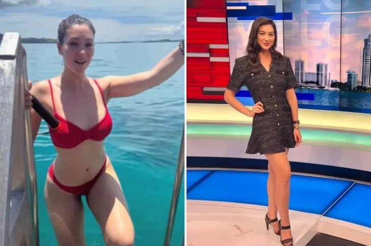 Jenise Fernandez de férias em Fiji e no estúdio da WPLG, em Miami — Foto: Reprodução/Instagram; Reprodução/Facebook