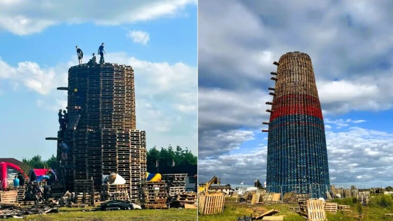 Estrutura para fogueira mais alta do mundo atinge mais de 60 metros na Irlanda do Norte — Foto: Reprodução/Craigyhill Bonfire and Cultural Page