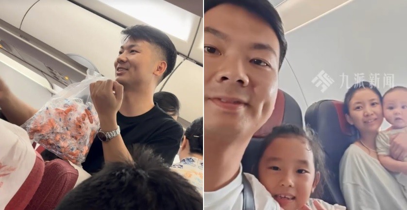 Chin&ecirc;s viralizou ao distribuir protetores de ouvidos se antecipando ao choro do seu beb&ecirc; a bordo de avi&atilde;o &mdash; Foto: Reprodu&ccedil;&atilde;o/Weibo