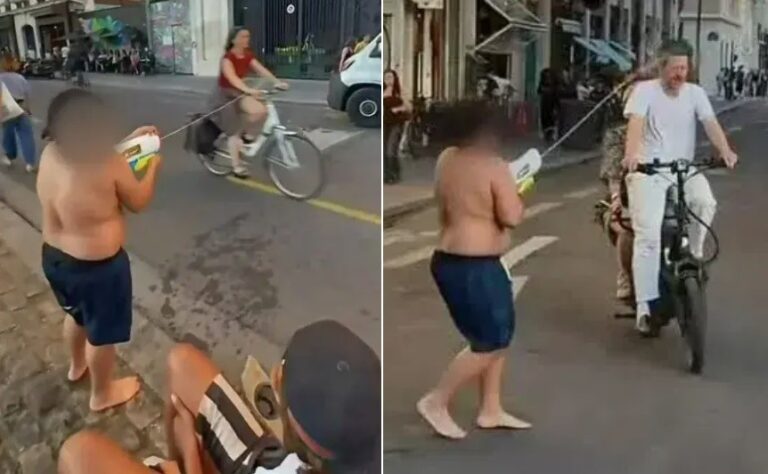 Hamza em ação com a sua pistola de água em Paris — Foto: Reprodução/TikTok