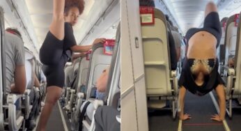 Influencer gera polêmica ao praticar ioga no corredor de avião lotado