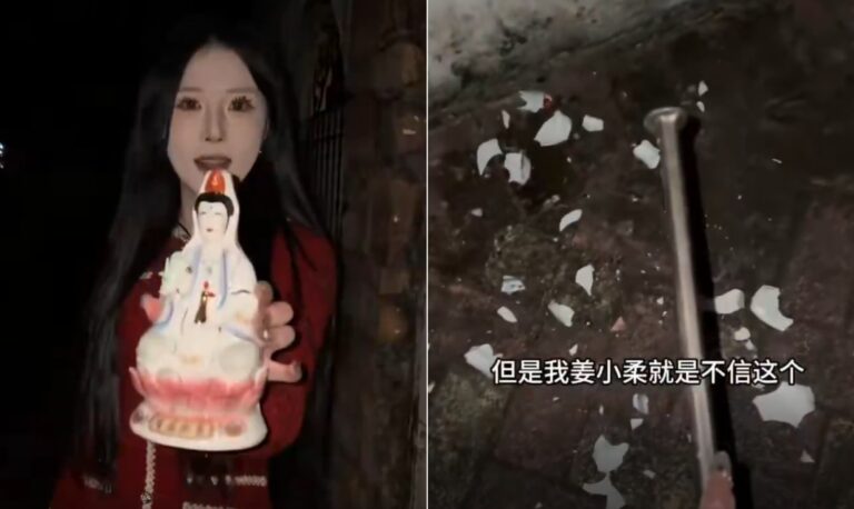 Jiang quebrou estátua de deusa budista em vídeo publicado em suas redes sociais — Foto: X/@yaoguaibnb