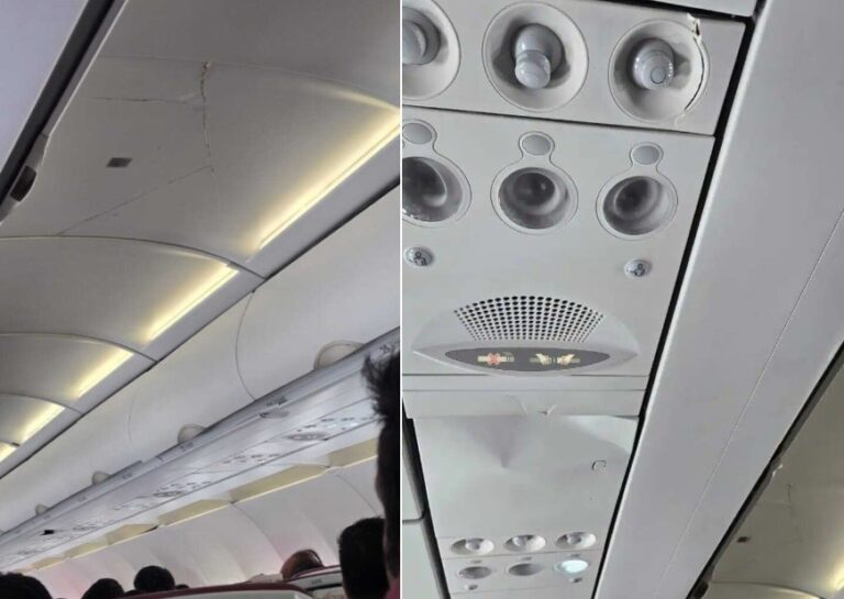 Forte turbulência e queda de 90 metros deixam 12 feridos em voo; teto da cabine de avião da Air India ficou com rachaduras — Foto: Reprodução/X