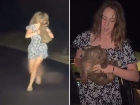 Influencer americana Sam Jones provoca revolta ao tirar bebê vombate da mãe para tirar foto à beira de estrada na Austrália — Foto: Reprodução/X