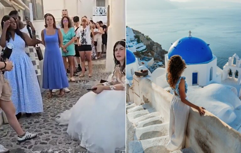 Turistas fazem fila para posar diante do Domo Azul de Santorini — Foto: Reprodução/TikTok; Reprodução/Instagram