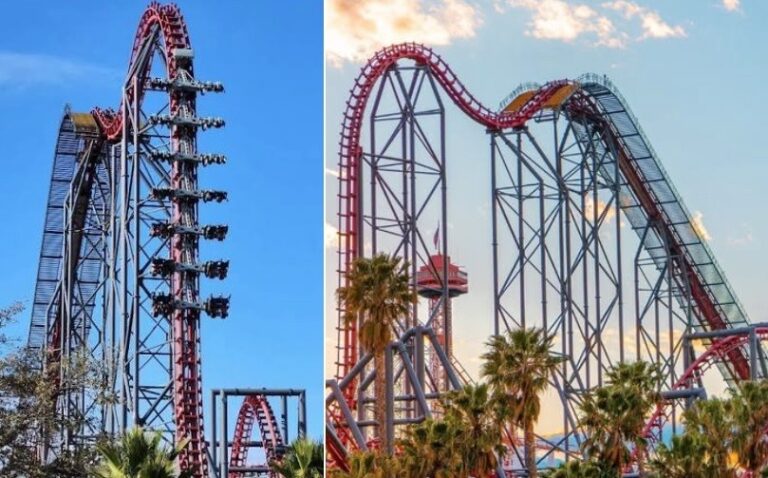 Montanha-russa X2 no parque Six Flags Magic Mountain, em Santa Clarita (Califórnia, EUA) — Foto: Reprodução/Facebook; Reprodução/Instagram