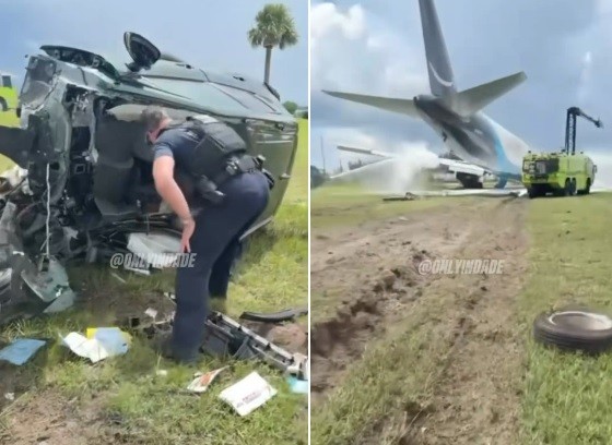 Vídeo mostra policial encontrando sobrevivente em carro destruído por avião de carga da Amazon em acidente na Flórida — Foto: Reprodução/X