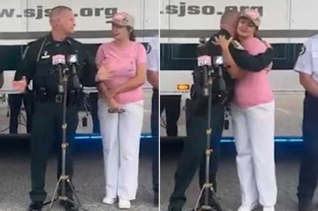 Olga Adcock abraça xerife após a notícia de que o seu filho havia sido encontrado após ficar 48 horas desaparecido na Flórida — Foto: Reprodução/Facebook(St. Johns County Sheriff's Office)