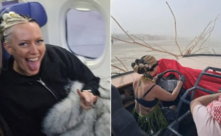 Kelly Carnes no Burning Man (à direita), em Nevada (EUA), e voltando para Baltimore — Foto: Reprodução/Facebook