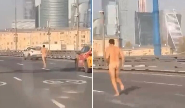 Motorista é visto correndo pelado por rodovia após causar engavetamento em Moscou — Foto: Reprodução