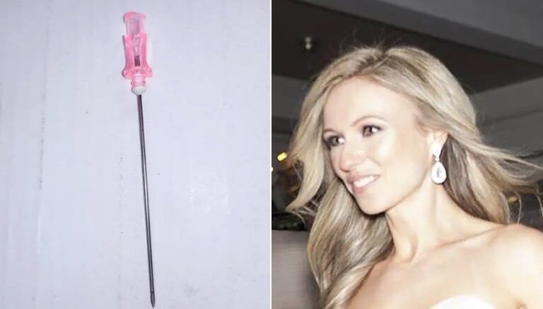 Jana Petriganova DeGregoris e o tipo de agulha 'esquecido' no seu corpo — Foto: Reprodução; Reprodução/Facebook